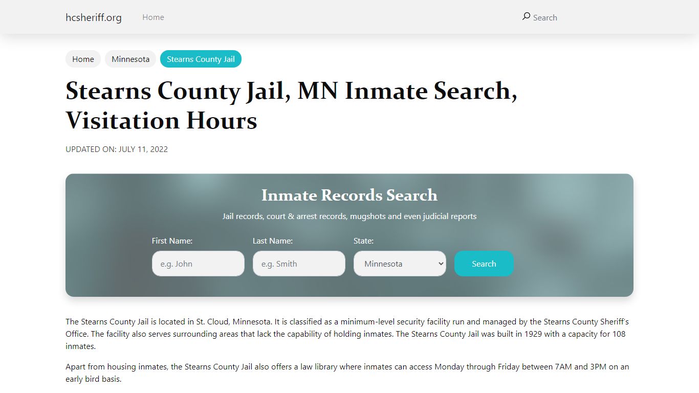 Stearns County Jail, MN Inmate Search, Visitation Hours